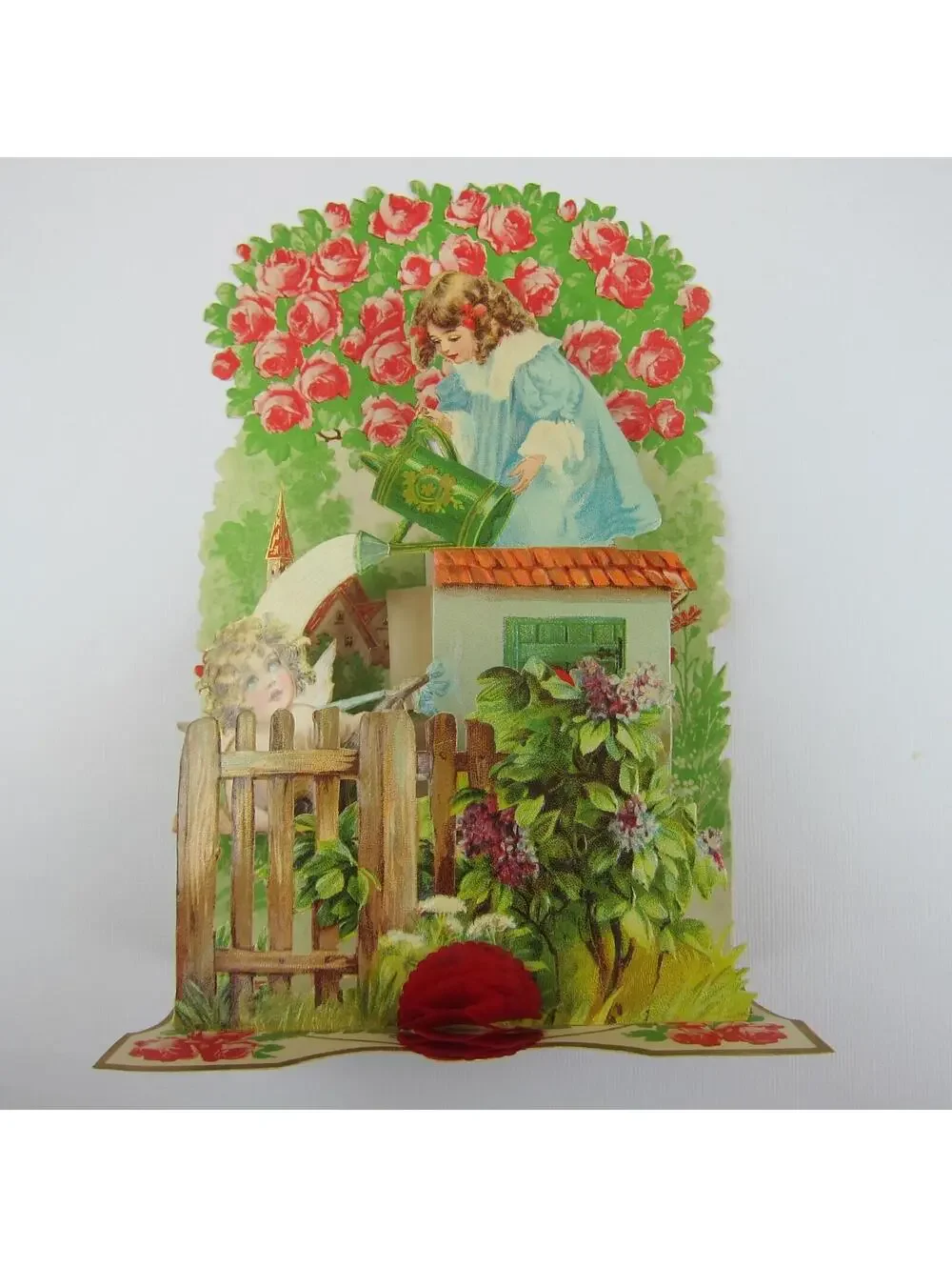 Antique Valentine Honeycomb 3D Pop Up Girl Blue Dress Cupid Roses LARGE UNSIGNED